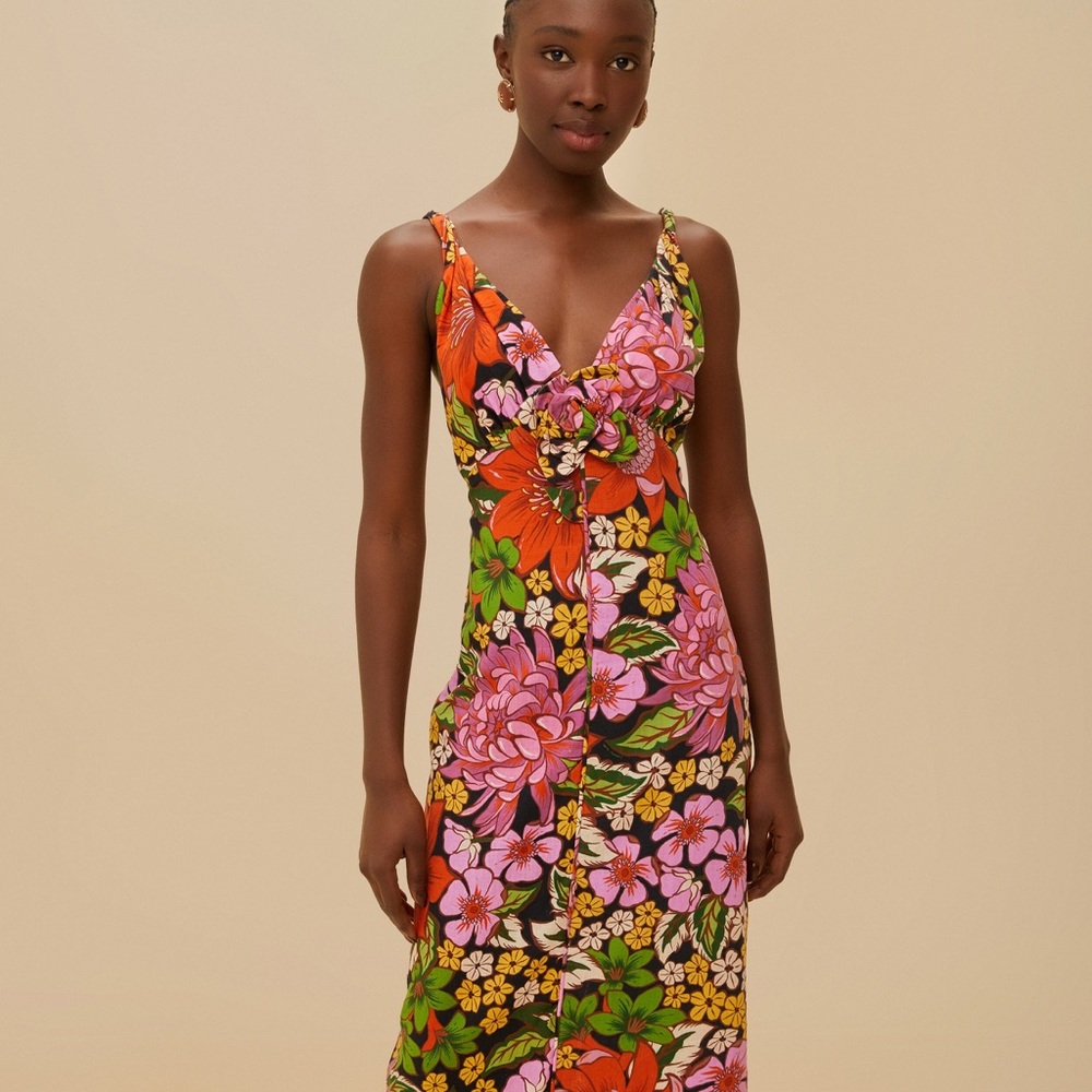 NWT FARM Rio Black Floral Vivi Rose Lenzing™ Ecovero™ Euroflax™ Midi Dress
